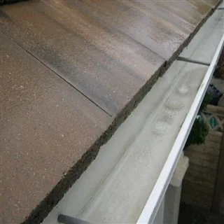 Roof tile and gutter edge during roof-adjacent cleaning work.